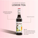 Bottle of MONIN Lemon Tea Syrup 700ml for drinks and cocktails, featuring a clear label and yellow lemon imagery.