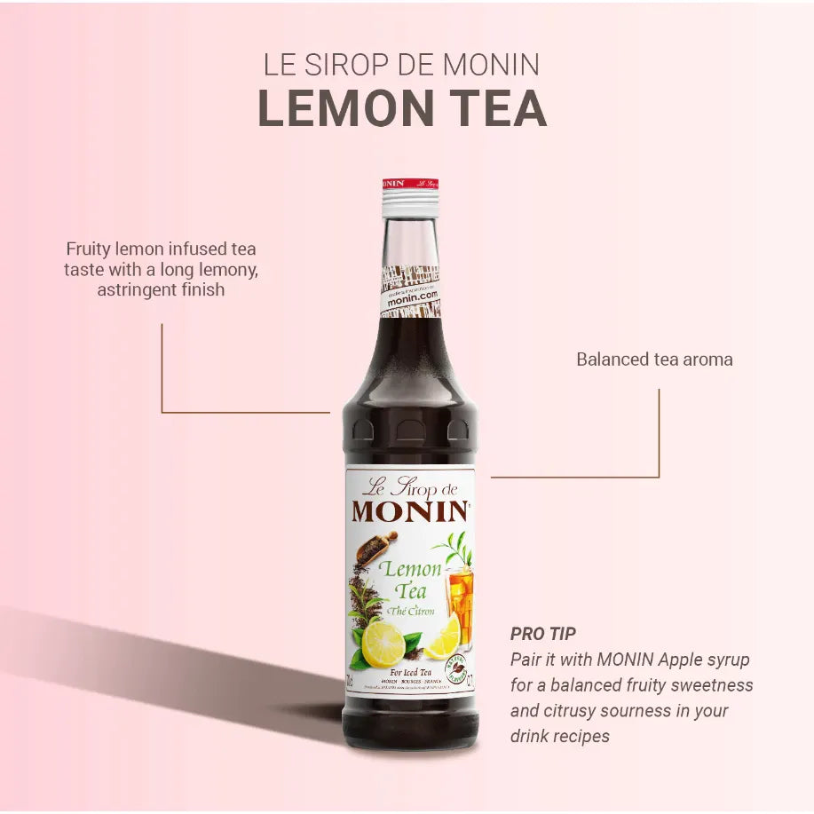 Bottle of MONIN Lemon Tea Syrup 700ml for drinks and cocktails, featuring a clear label and yellow lemon imagery.