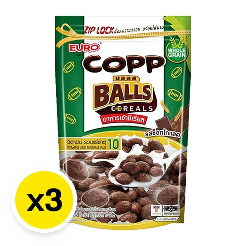 Copp Balls Wholegrain Cereals with Chocolate, 70g pack, featuring crunchy wholegrain cereal balls coated in chocolate.