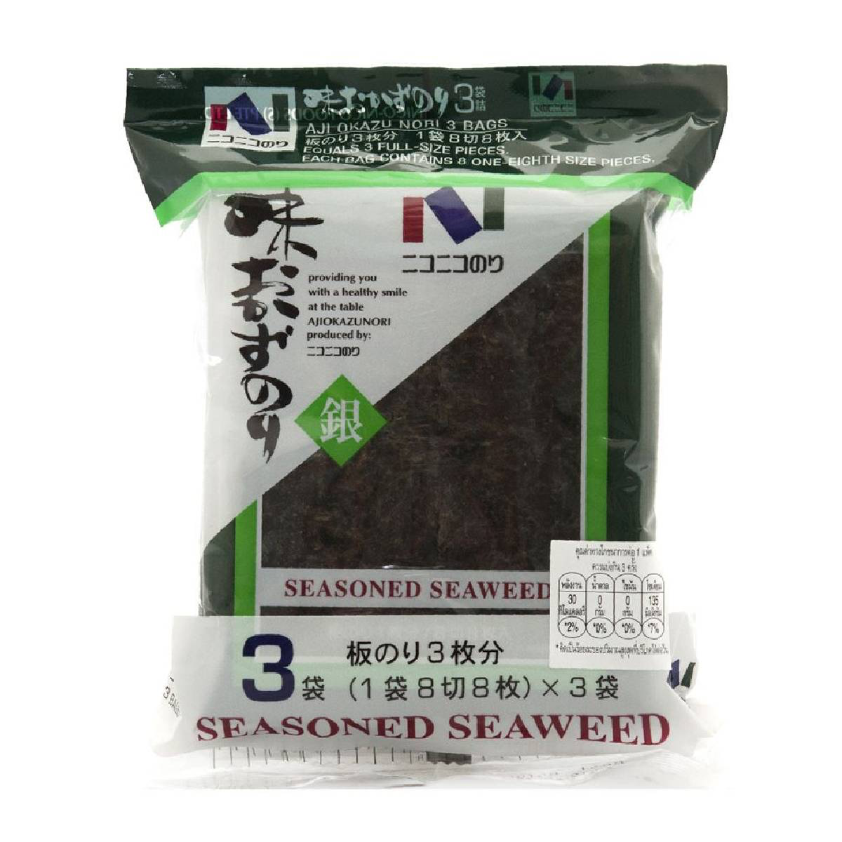 Nico Nico Nori Aji Okazu Nori seaweed pack, Japanese confectionery snack with crispy seaweed sheets and savory flavor.