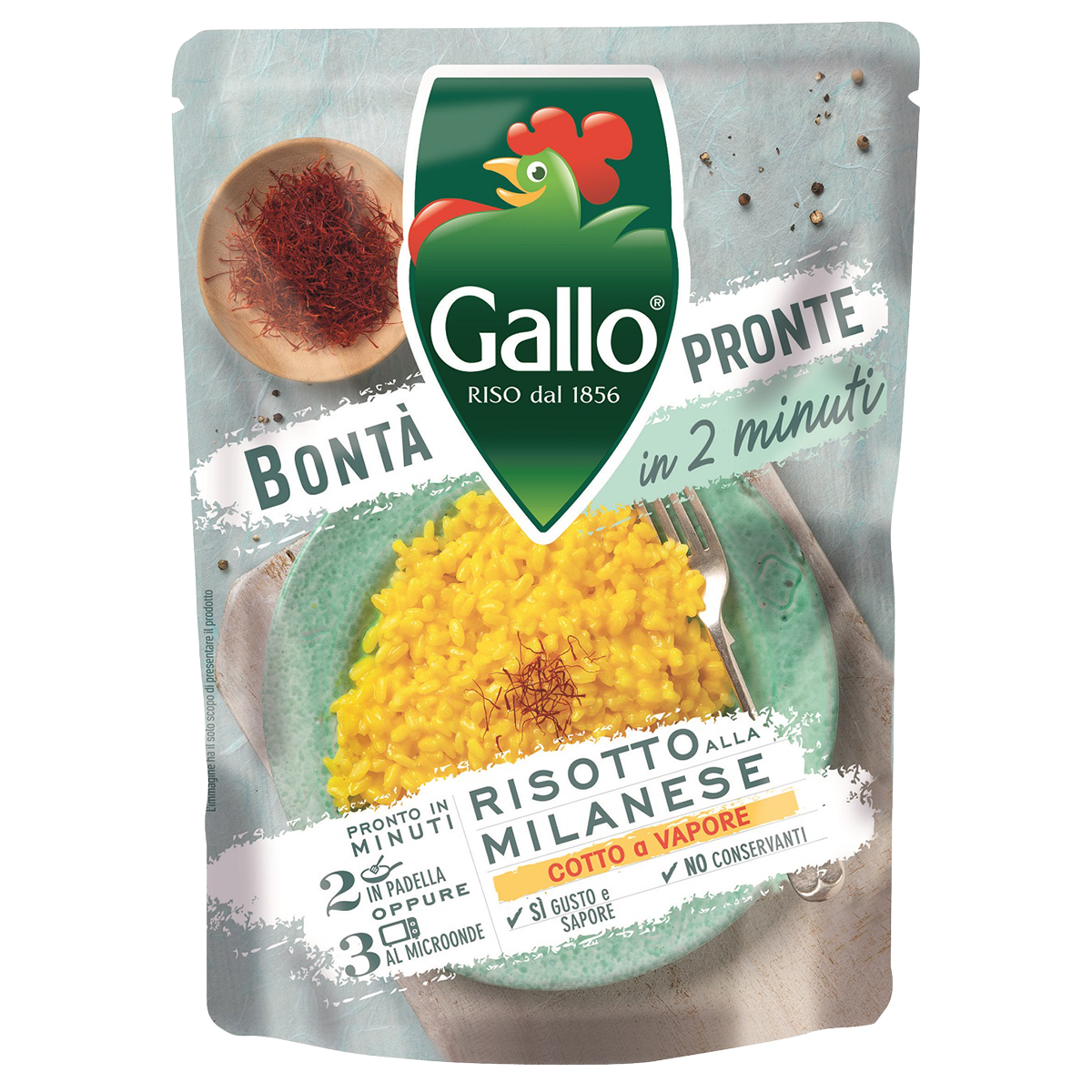 Riso Gallo Risotto Pronto Milanese with saffron, a quick cook grocery rice dish featuring vibrant yellow saffron flavor.