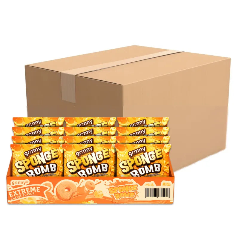 Grinny Sponge Bomb Snack extreme cheddar cheese flavor, 15g x12, dry grocery snack with cheesy, sponge-like snack texture.