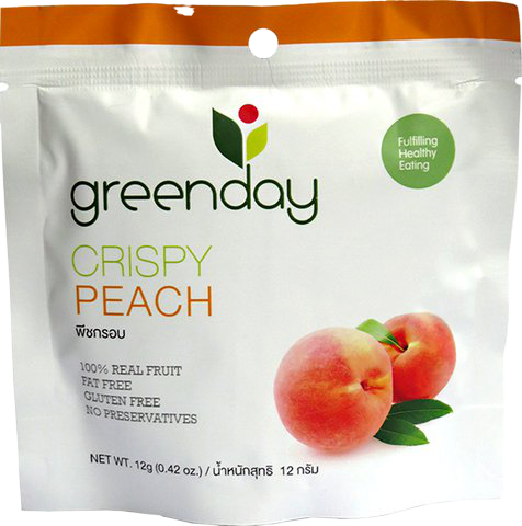 Greenday Crispy Peach Chips, natural confectionery snacks with dried peach slices, showcasing their crispy texture and vibrant color.