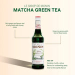 Bottle of MONIN Matcha Green Tea Syrup in a 700ml container, used for flavoring beverages and desserts in dry grocery.