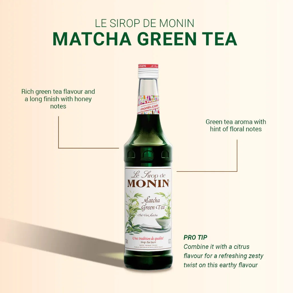 Bottle of MONIN Matcha Green Tea Syrup in a 700ml container, used for flavoring beverages and desserts in dry grocery.