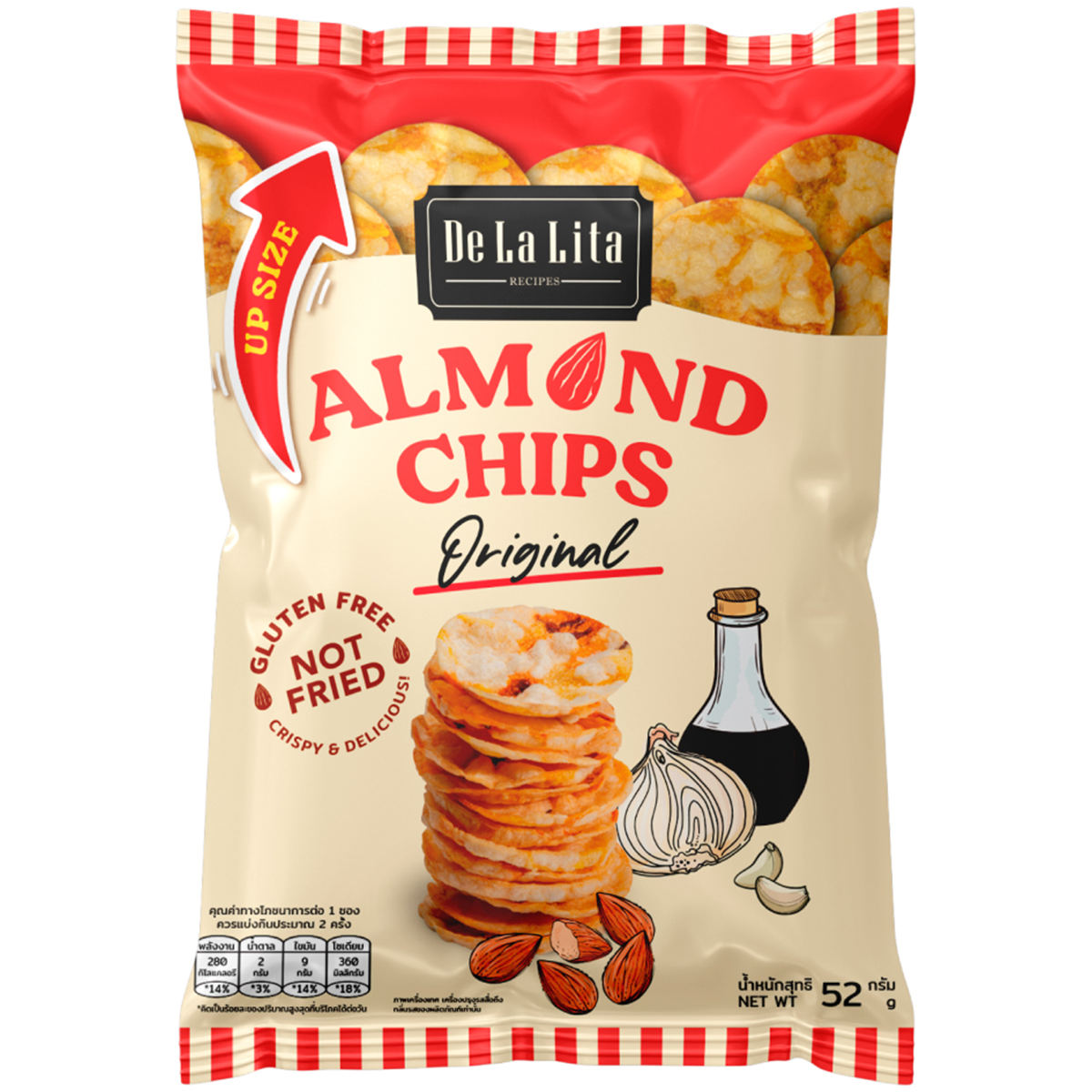 De La Lita Almond and Rice Chips Original, crunchy confectionery snack in a bowl, showcasing crispy almond and rice chip pieces.