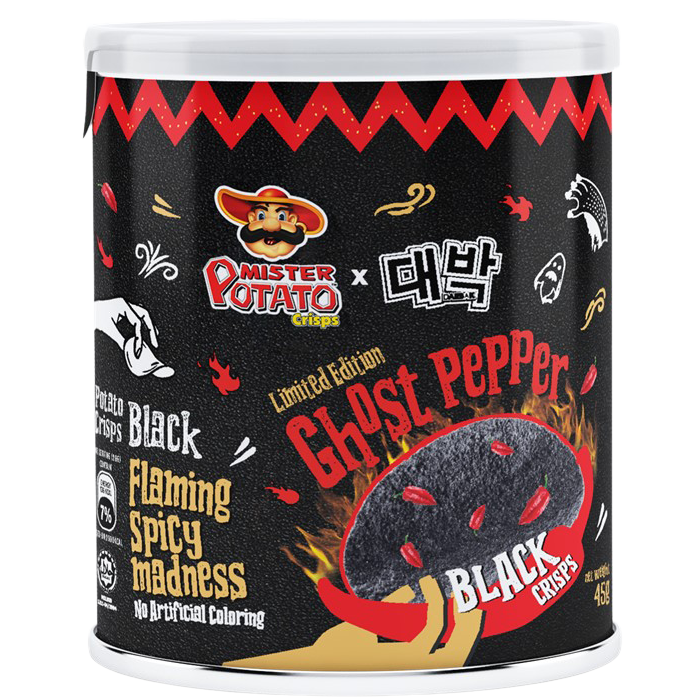 Mister Potato Ghost Pepper confectionery snack bag showing spicy potato chips with ghost pepper flavor and bold packaging.
