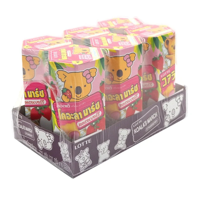 Koalas March Strawberry biscuits in a 37g x6 pack, featuring cartoon koala characters on the snack's packaging.