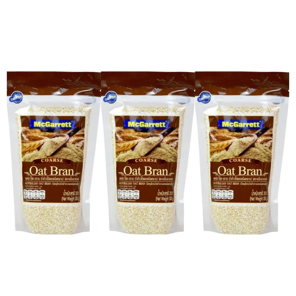 McGarrett Oat Bran 200g dry grocery package with white oats in a clear plastic bag, showing the product label.