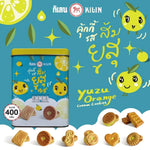 KILIN Kilin Biscuits in a decorative tin, Yuzu and Orange cream flavor, 400g pack, shown in a three-pack box.