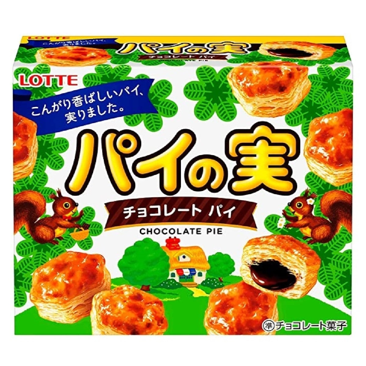Lotte Chocolate Pie confectionery snack with a crispy crust and chocolate filling, shown in a close-up image.
