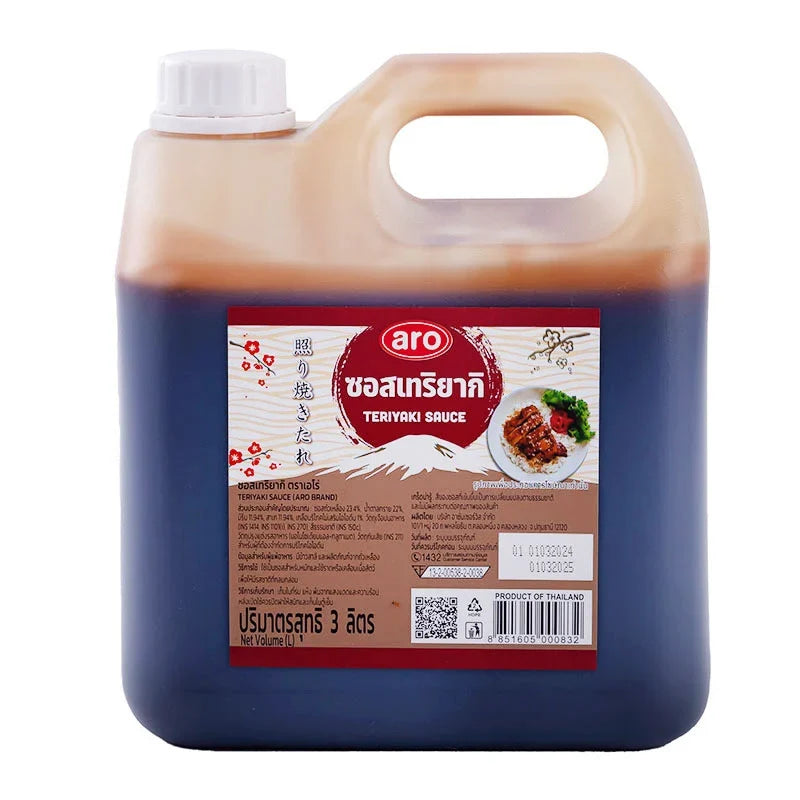 ARO Teriyaki Sauce 3L bottle shown in a clear, plastic container with a red and white label, used for cooking and marinades.