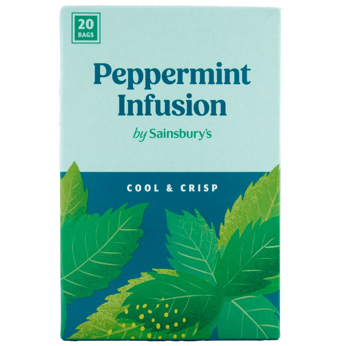 Sainsbury's peppermint infusion tea bag box with 20 tea bags, showcasing the product packaging and tea branding.