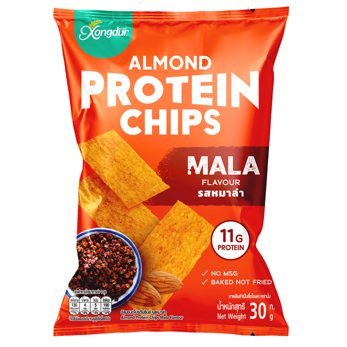 Xongdur Almond Protein Chips in Mala Flavour, crunchy snack with almonds and spicy mala seasoning, packaged in a transparent bag.