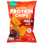 Xongdur Almond Protein Chips in Mala Flavour, crunchy snack with almonds and spicy mala seasoning, packaged in a transparent bag.