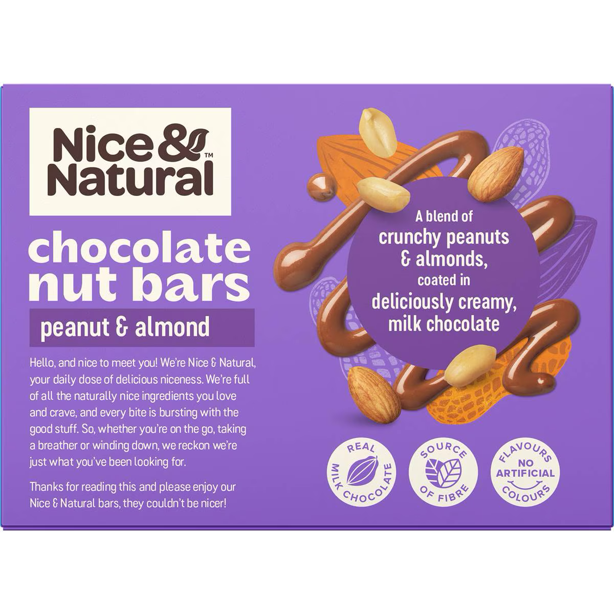 Nice & Natural Chocolate Nut Bars with peanuts and almonds, showcasing a close-up of the snack bars with nuts and chocolate coating.