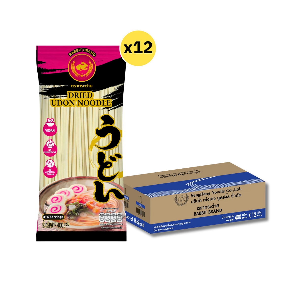 Dry Rabbit Brand Udon Noodles in a package, showing the noodle strands and brand logo on the packaging.