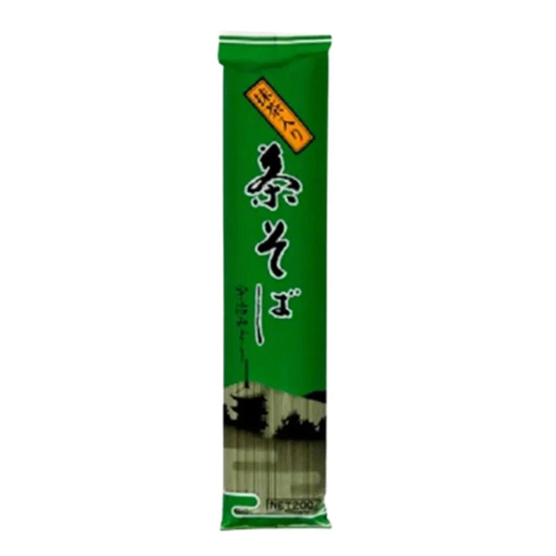 Kanesu Chasoba Uji Midori green tea soba noodles, dry Japanese soba made with green tea, in packaging with green and white design.
