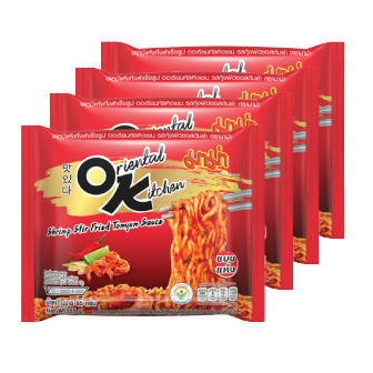 Mama Instant Noodles Oriental Kitchen Shrimp Stir Fried Tomyum in a bowl with shrimp and noodles, ready to eat.