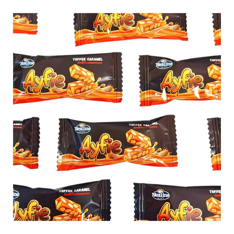 Nezline Ayfie Toffee Caramel snack in a wrapper, showcasing golden caramel and rich toffee flavor with a smooth texture.