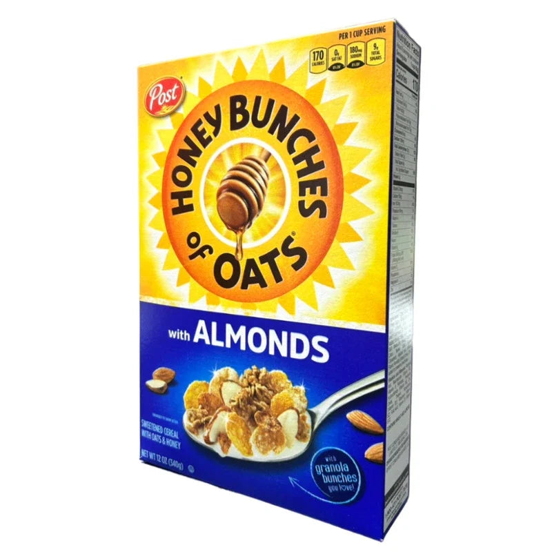 Post Honey Bunches of Oats with Almond cereal box, 340g, showing the colorful packaging and product branding.