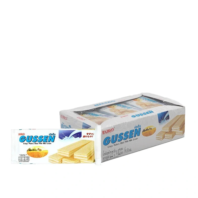 Gussen Wafer Milk 22g snack packs, crispy wafer with milk filling, 12-pack of dry grocery confectionery treats.