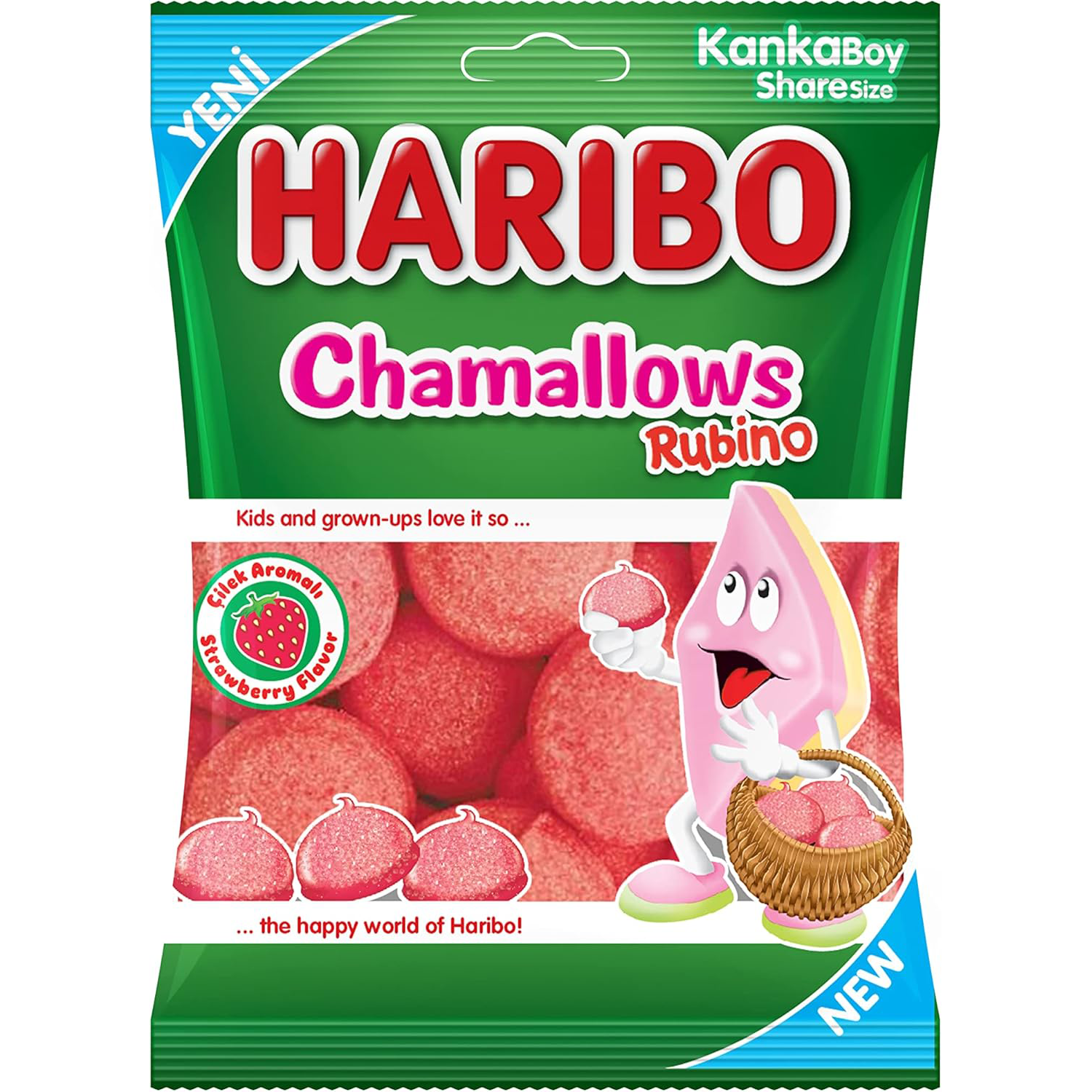 Colorful Haribo Chamallows Rubino confectionery snacks with soft, marshmallow-like texture in a vibrant, playful display.