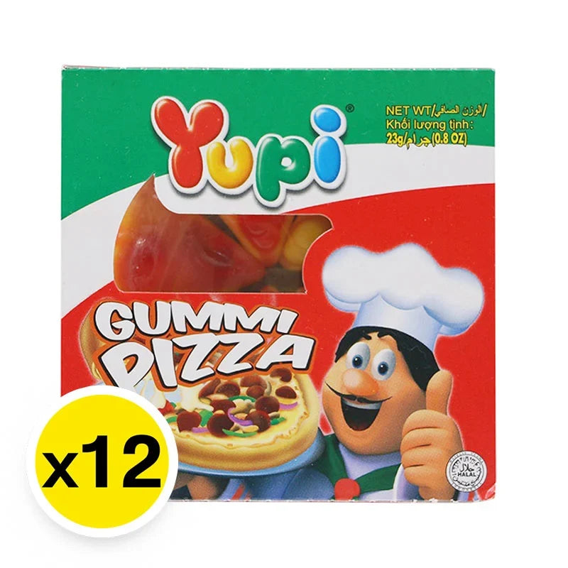 Assorted Yupi Gummy Fancy candies in colorful packaging, 14g each, displayed in a box of 12 snack packs by YUPI.