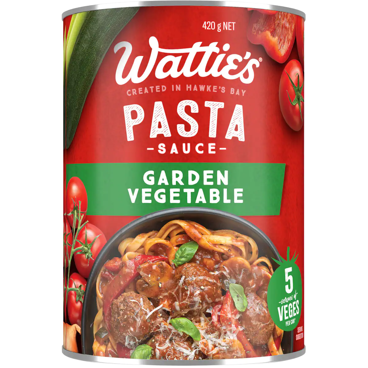 Wattie's Garden Vegetable Pasta Sauce in a jar, featuring fresh vegetables and rich tomato sauce for cooking or dipping.