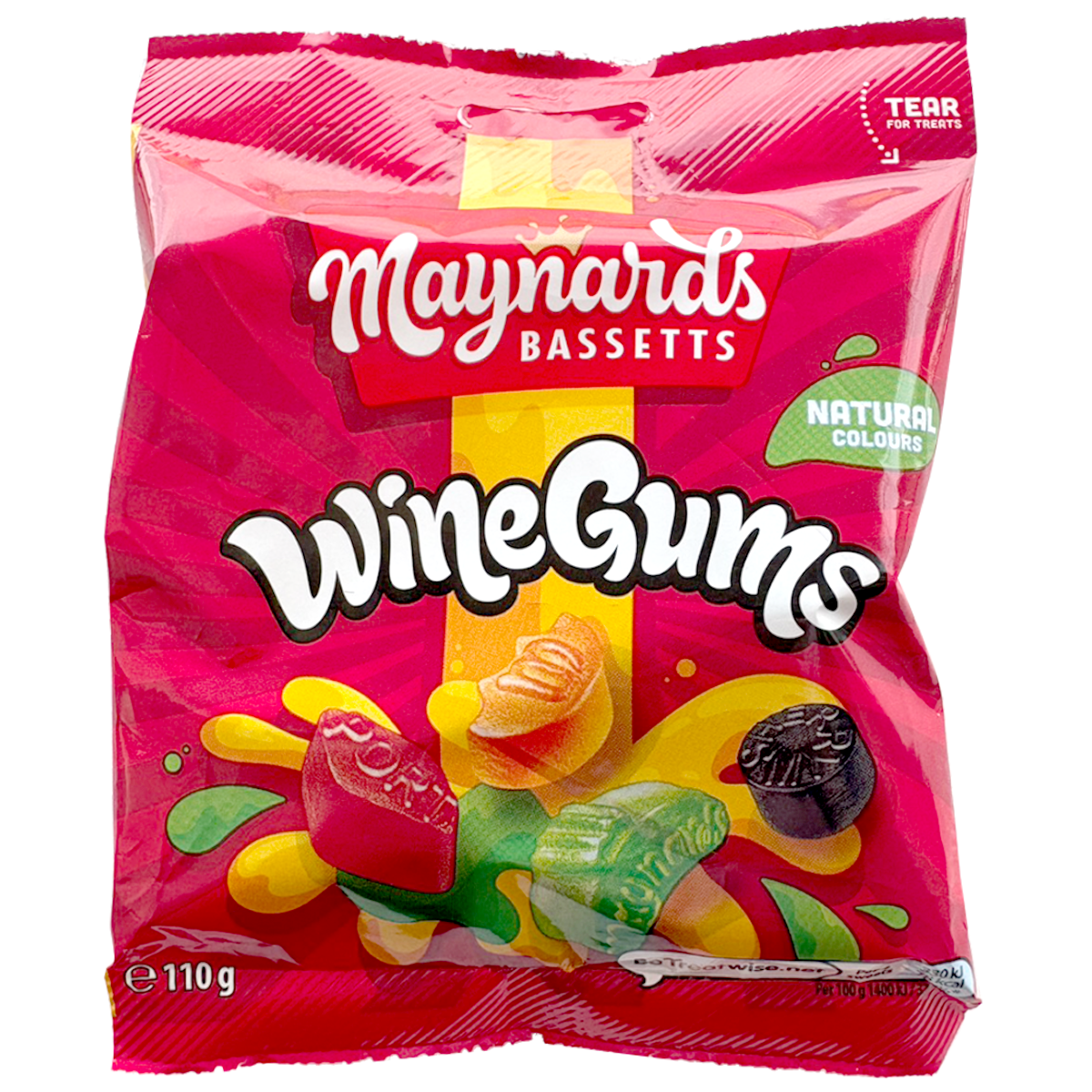 Assorted Maynards Bassetts Wine Gums, colorful confectionery snacks in various fruit flavors, arranged in a pile.