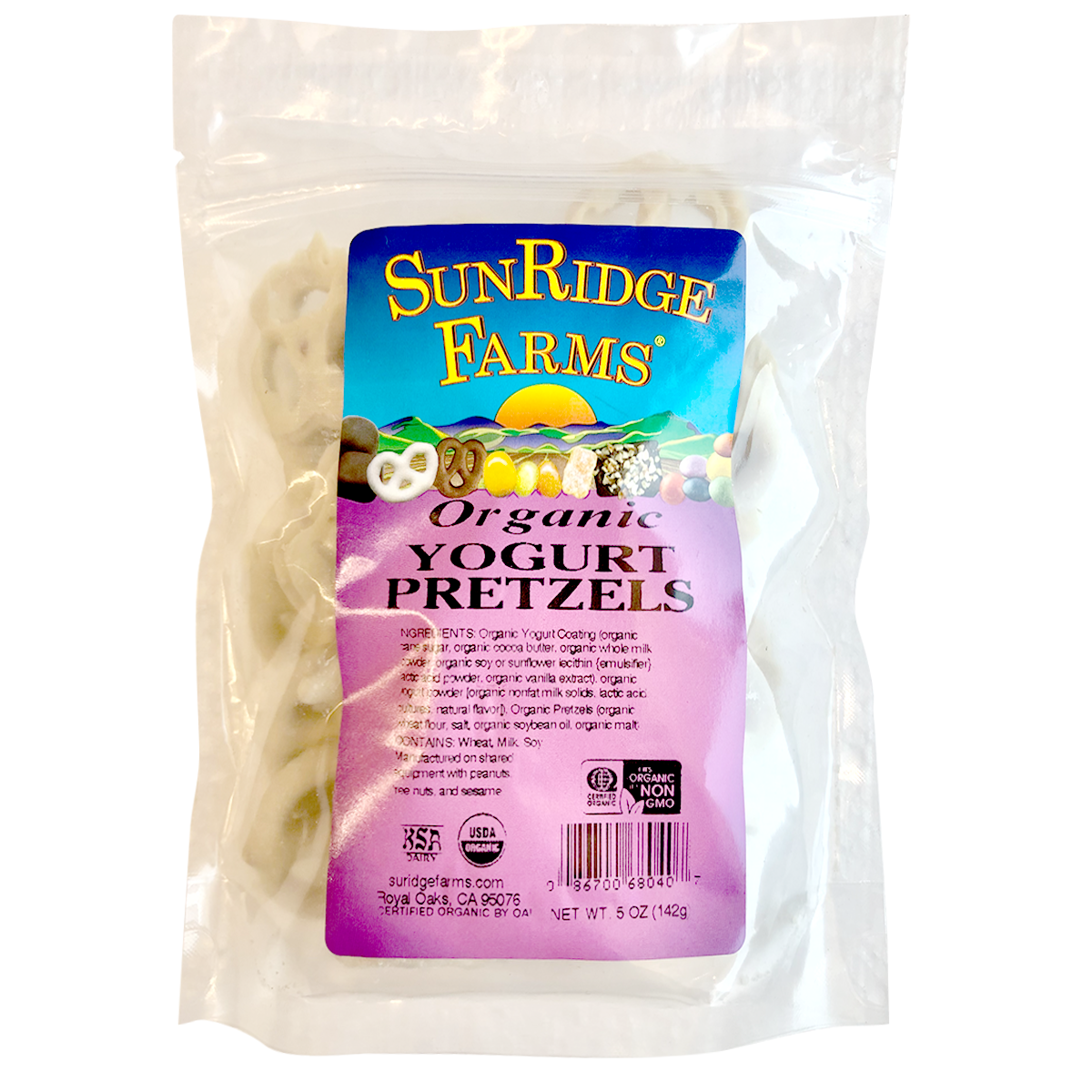 Sunridge Farms Organic Greek Yogurt Pretzels in a clear snack bag, showing the pretzels coated with Greek yogurt flavor.