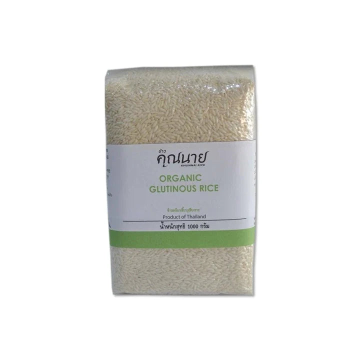 Organic Khunnai Rice Glutinous rice 1kg from KHUNNAI RICE, shown in a clear image of the dry grocery product.