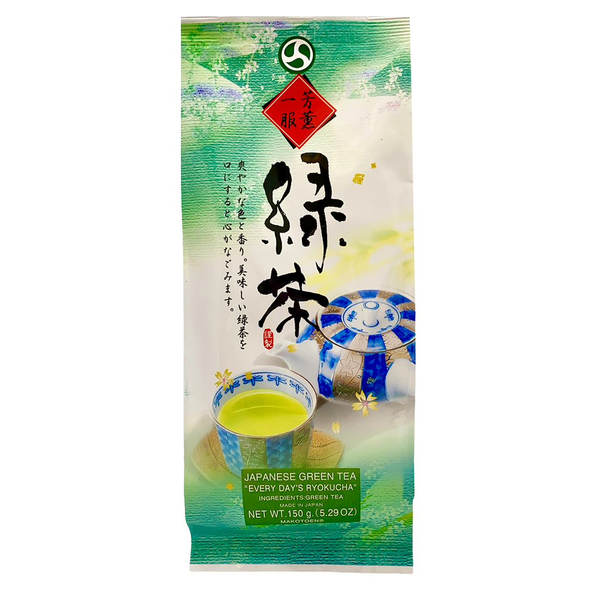 Makotoen Every Days Ryokuha drink in a clear glass bottle with Japanese label, showcasing a traditional Japanese beverage.