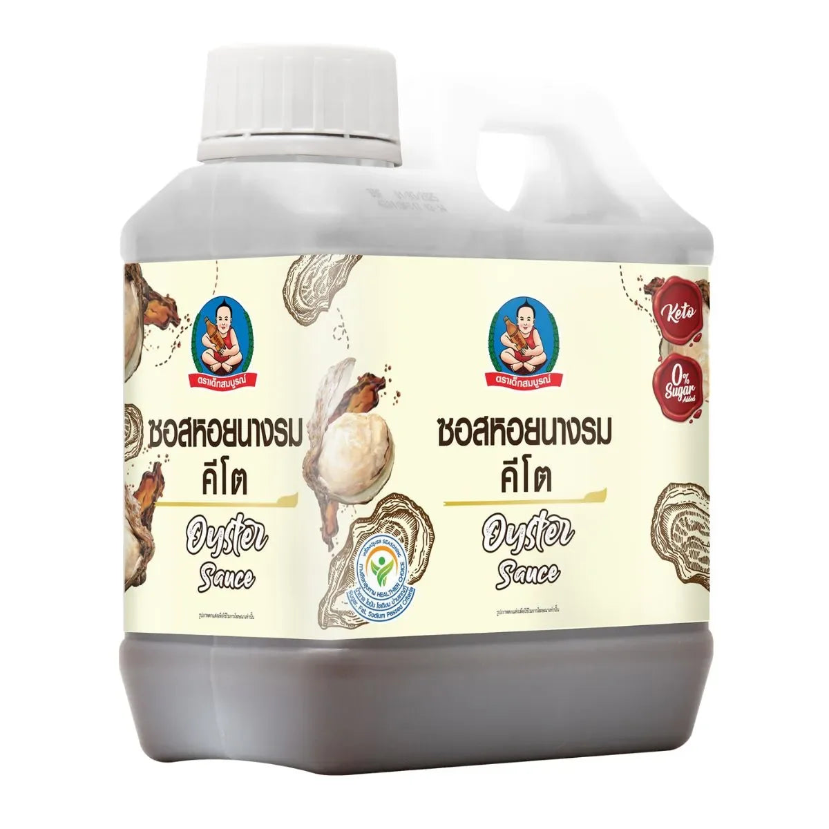 Deksomboon Oyster Sauce Keto 1kg bottle, traditional dry grocery condiment with rich flavor, from the DEKSOMBOON brand.