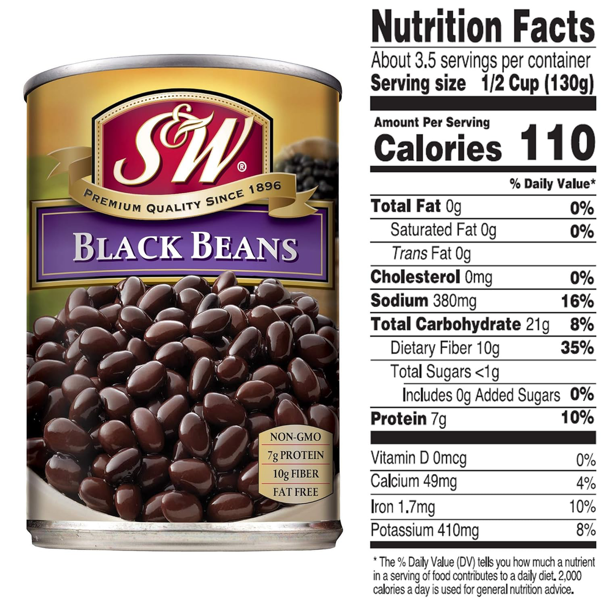 Canned S&W Black Beans in brine, packed in a metal can, ready for cooking or adding to recipes.