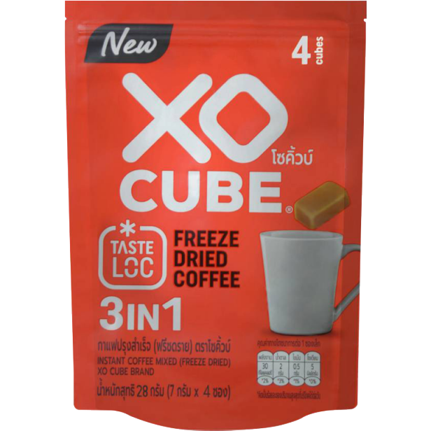 Xo Cube Freeze Dried Coffee 3-in-1 drink mix in a packet with instant coffee, creamer, and sugar for quick, convenient brewing.