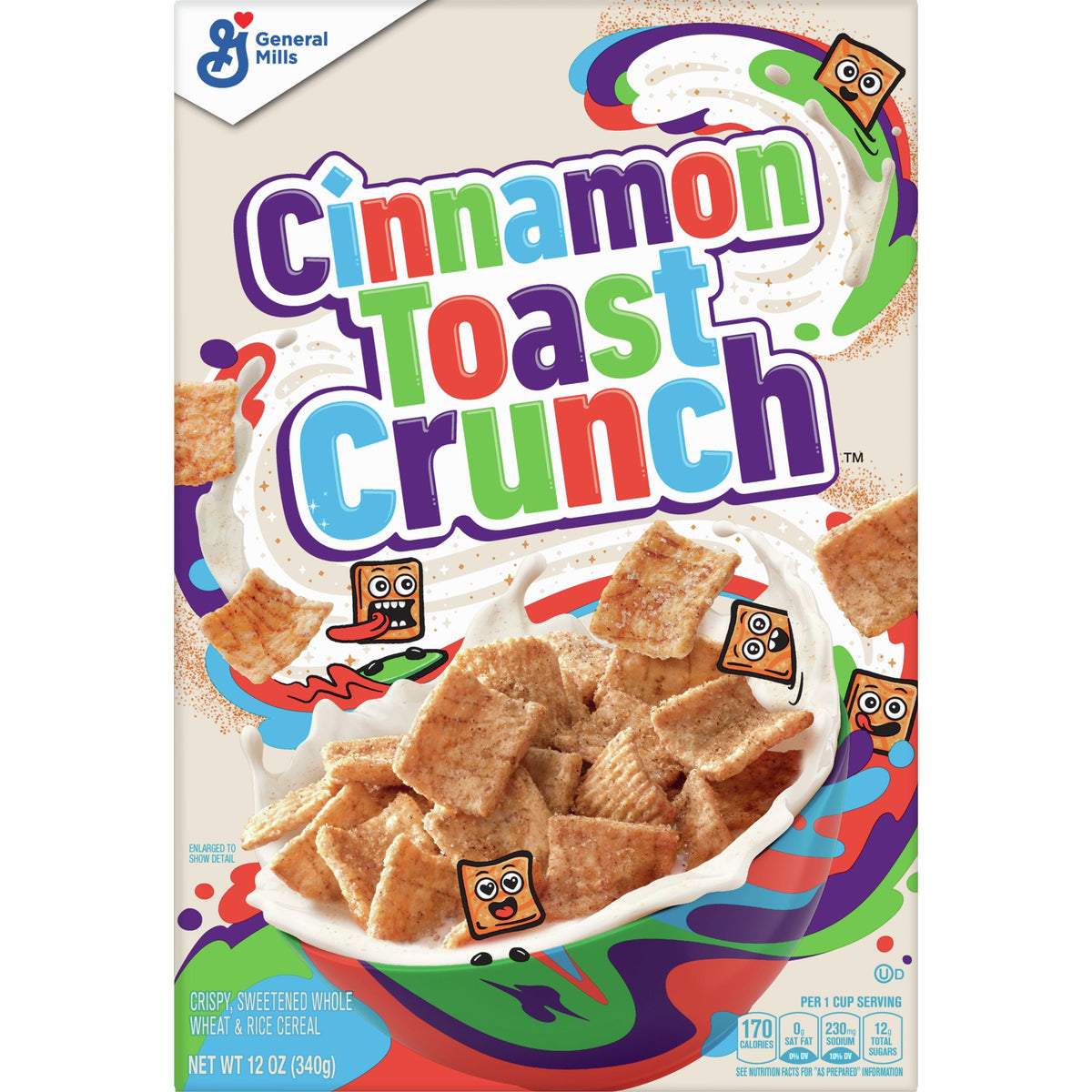 Bowl of General Mills Cinnamon Toast Crunch cereal with milk, showing cinnamon-flavored toasted squares in a white bowl.