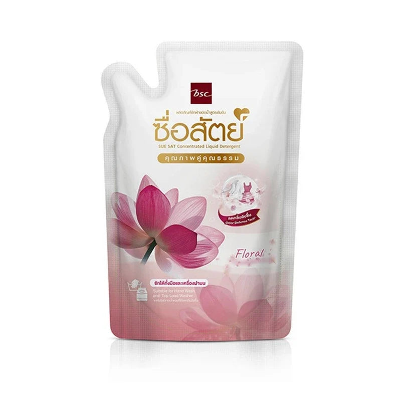 Suesat floral laundry detergent refill bag, 500ml, for laundry care, featuring floral scent and brand logo on packaging.