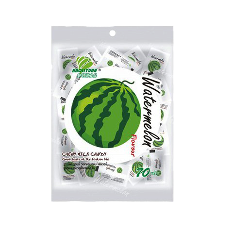 Haoliyuan Chewy Watermelon Candy, bright pink watermelon-flavored confectionery snack with textured surface, in clear packaging.