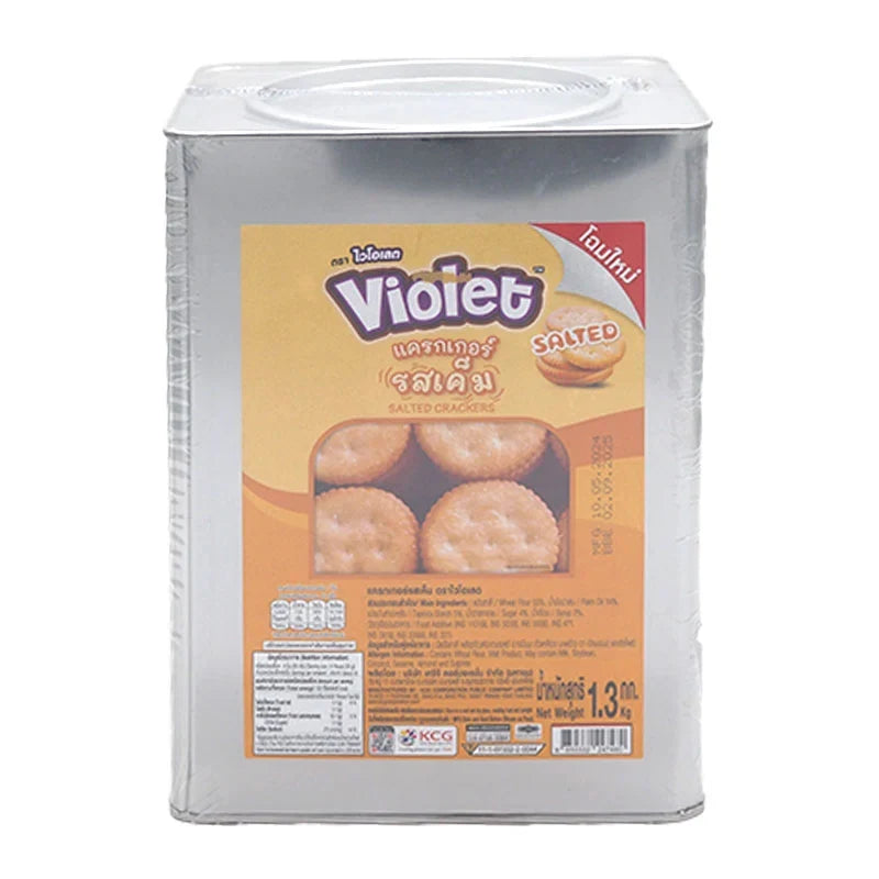 Violet Salted Cracker 1.3kg, dry grocery snack with salted flavor, featuring crispy, golden crackers in a large package.