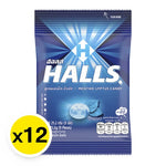 Halls Mentho-Lyptus lozenges in a pack of 12, menthol and eucalyptus flavored cough drops, in a clear plastic wrapper.
