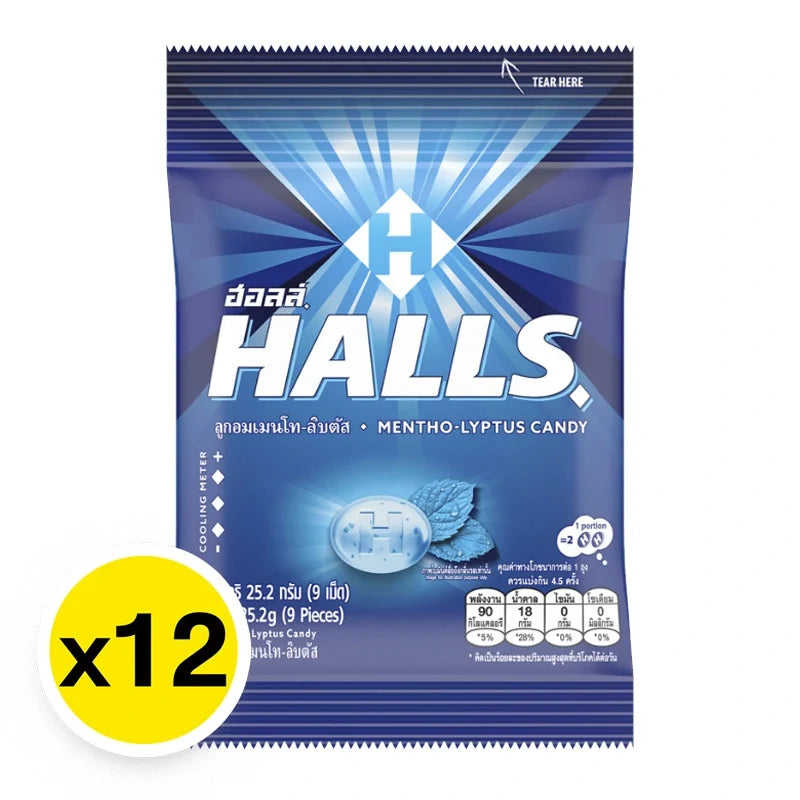 Halls Mentho-Lyptus lozenges in a pack of 12, menthol and eucalyptus flavored cough drops, in a clear plastic wrapper.