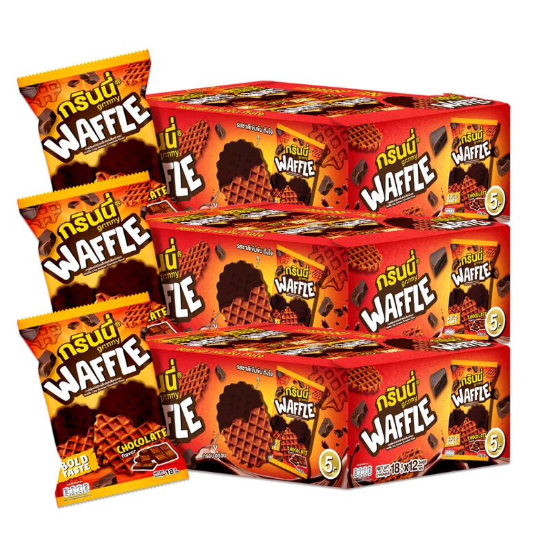 Grinny Waffle Crisp Extreme Chocolate flavor snack pack, 18g x3, in colorful packaging with crispy waffle snacks and chocolate flavor.