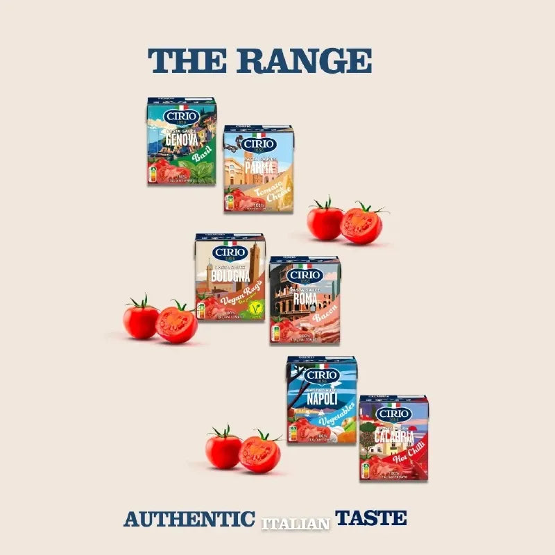 Jar of Cirio Pasta Sauce in dry grocery aisle, showing the label and product packaging.