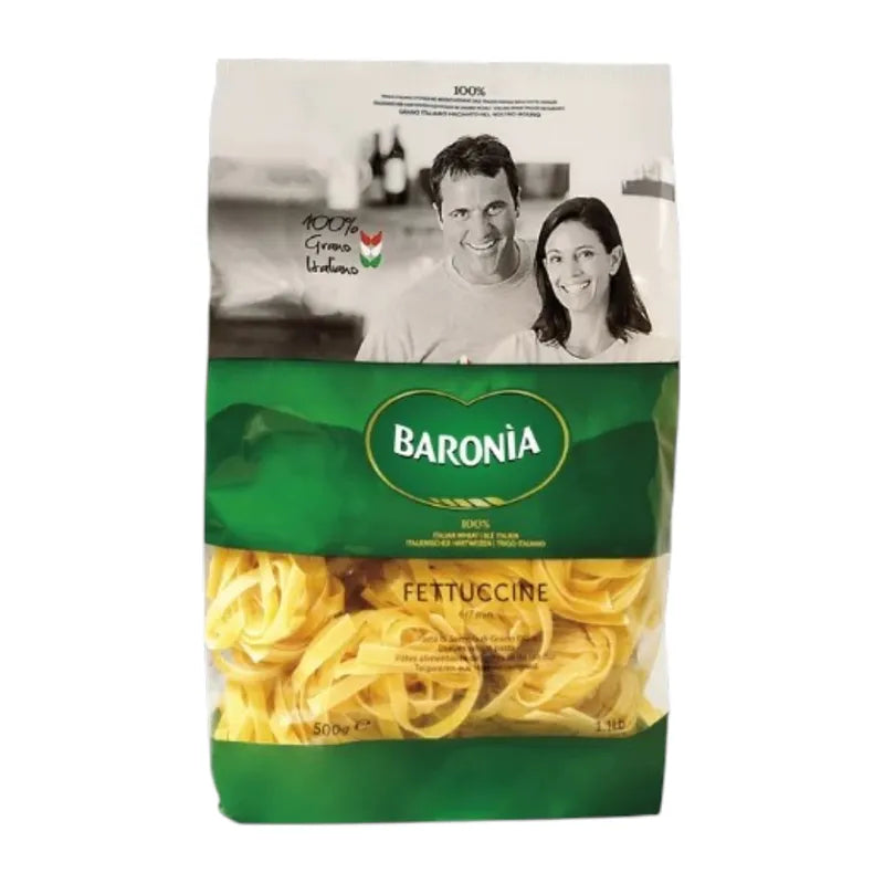 Baronia Fettuccine Pasta 500g, dry grocery product, showing uncooked flat ribbon-shaped pasta on a white background.