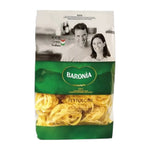 Baronia Fettuccine Pasta 500g, dry grocery product, showing uncooked flat ribbon-shaped pasta on a white background.