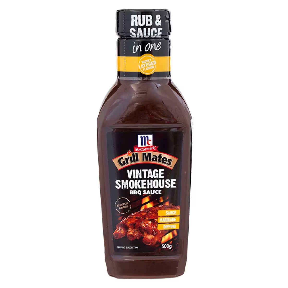 Bottle of McCormick Smokehouse BBQ Sauce with label visible, ideal for grilling and adding smoky flavor to dishes.