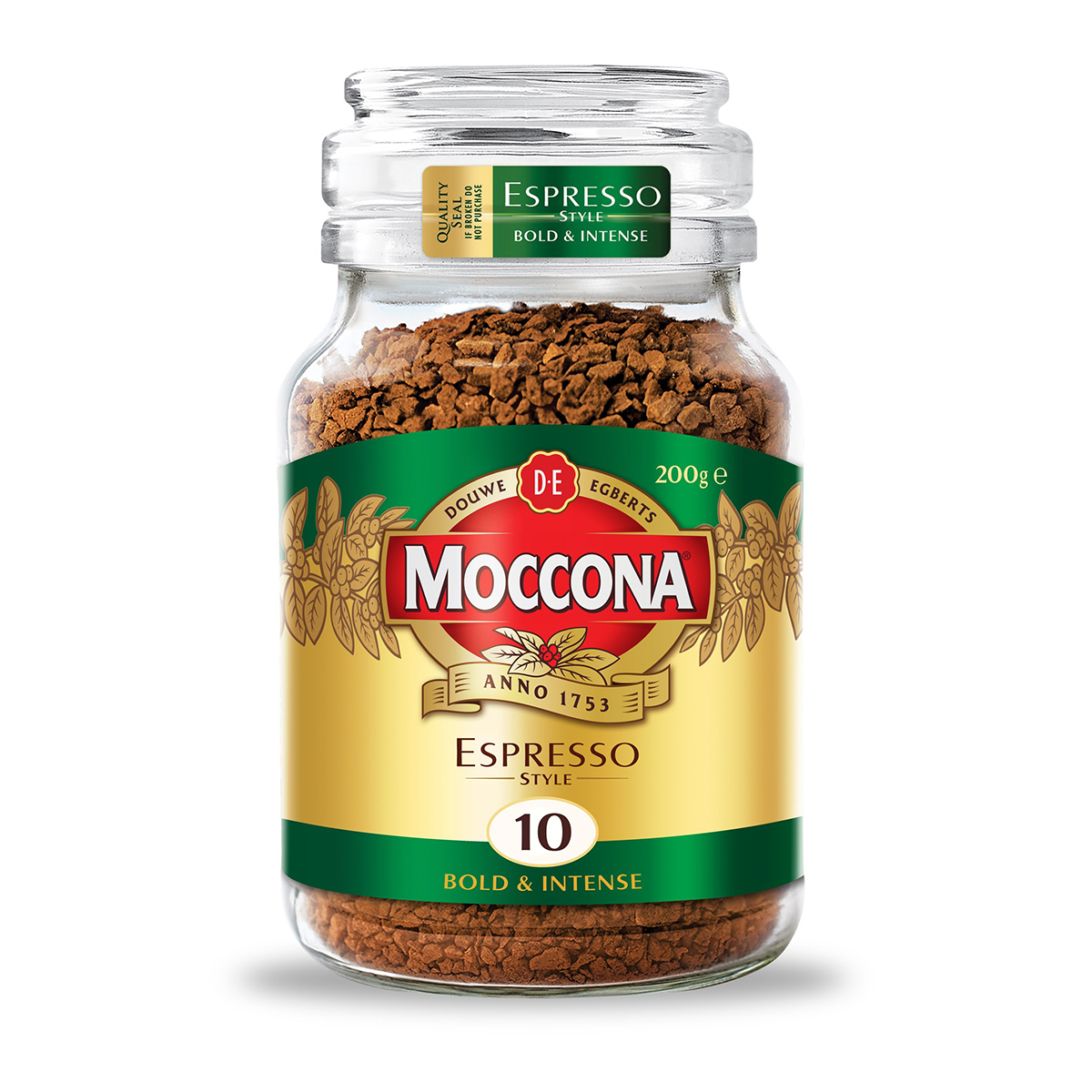 Moccona Espresso Style coffee drink in a glass cup with a creamy froth, showcasing rich coffee aroma and smooth texture.