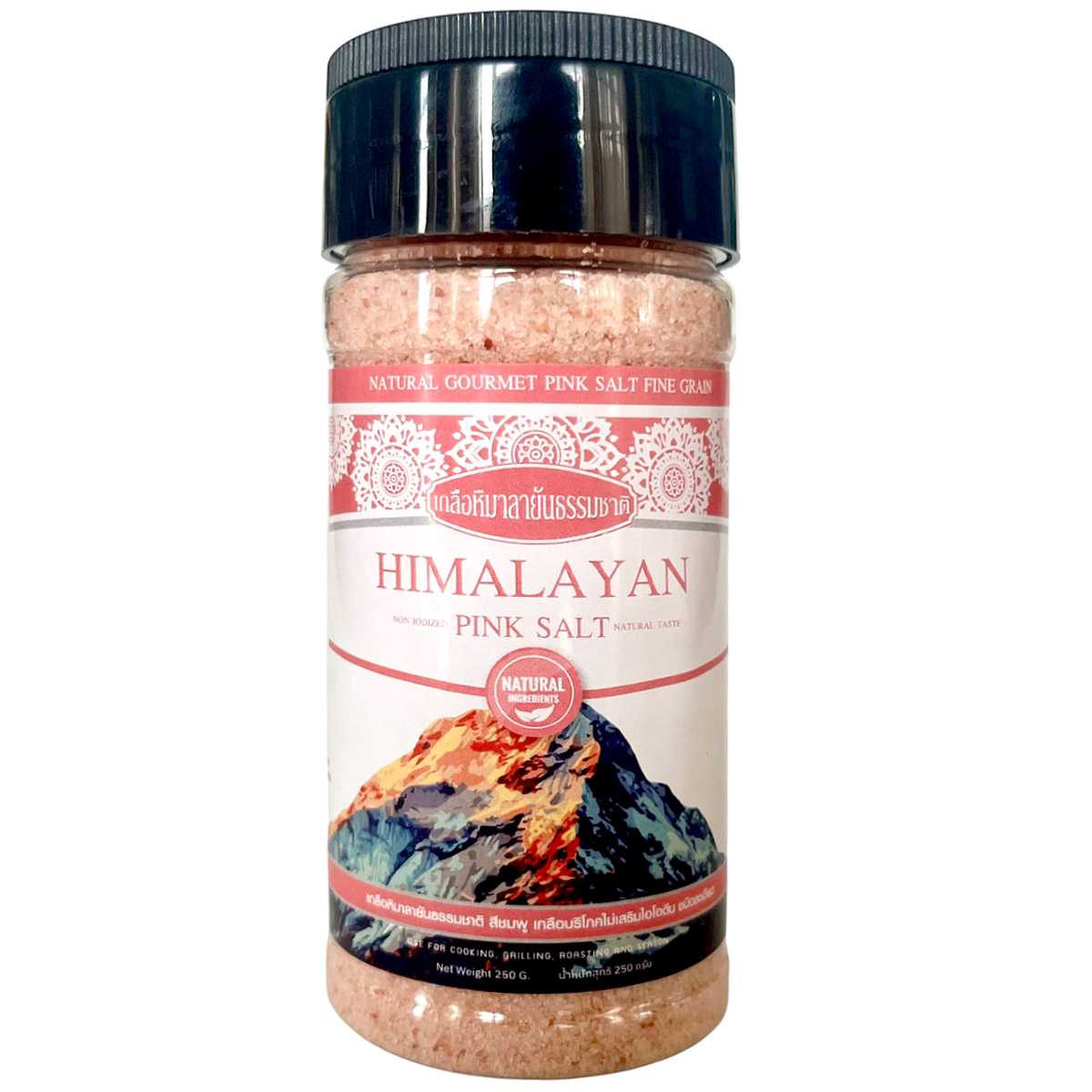 Kurera Fine Grain Himalayan Pink Salt in a clear container, showcasing its pink, coarse grains for culinary use.