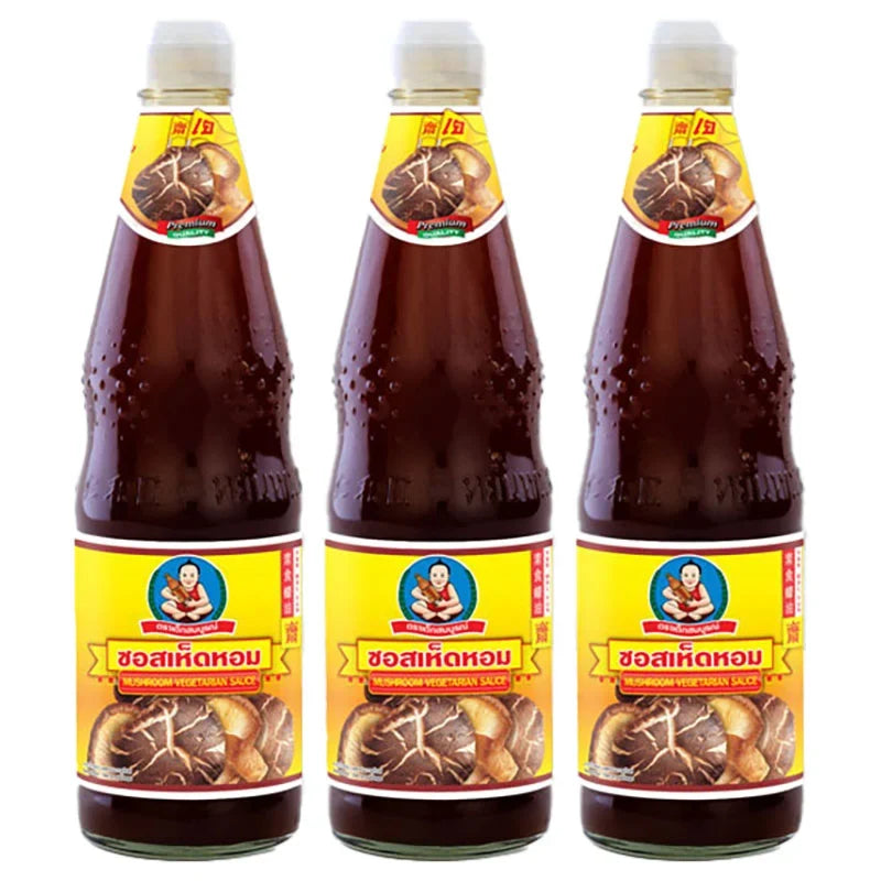 DEK SOM Boon Mushroom Sauce 800g, three bottles, dry grocery product, dark soy sauce with mushroom flavor in glass bottles